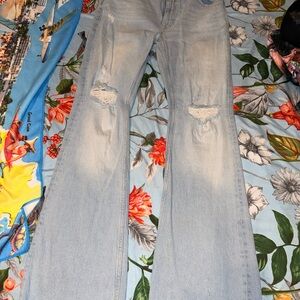 Light Wash Distressed Women's Jeans - Flare Fit